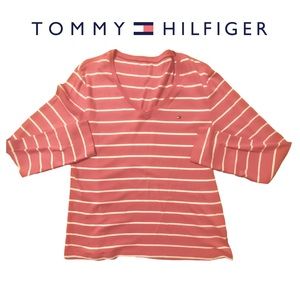 TOMMY HILFIGER striped v-neck long sleeve stretch logo tee shirt plus size XXL